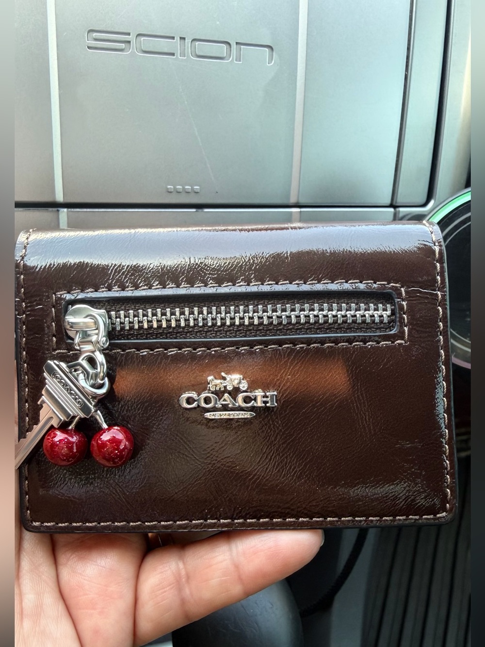 Coach Dark Brown Patent Leather Card Wallet with Cherry Charm